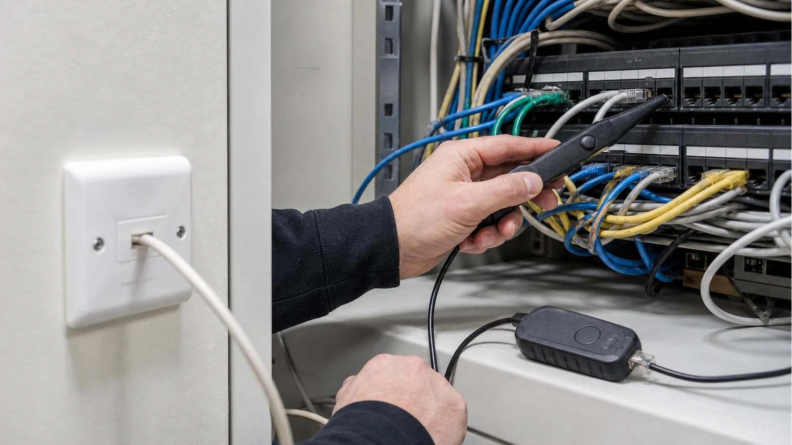 Technician tracing a wall socket to an undocumented patch panel with a toner and probe kit