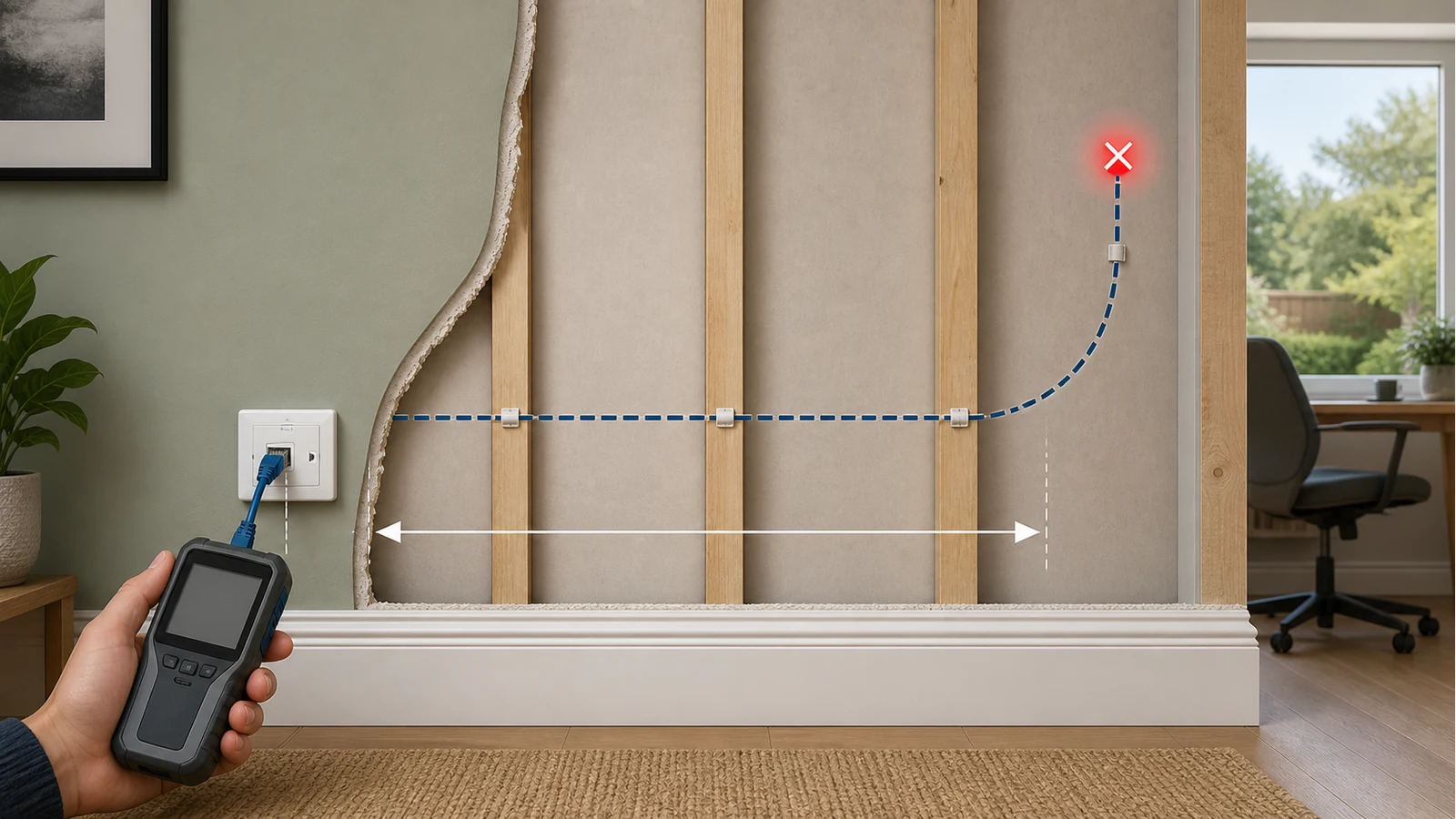 Diagram of an in-wall Ethernet run with a distance-to-fault marker between outlet and break