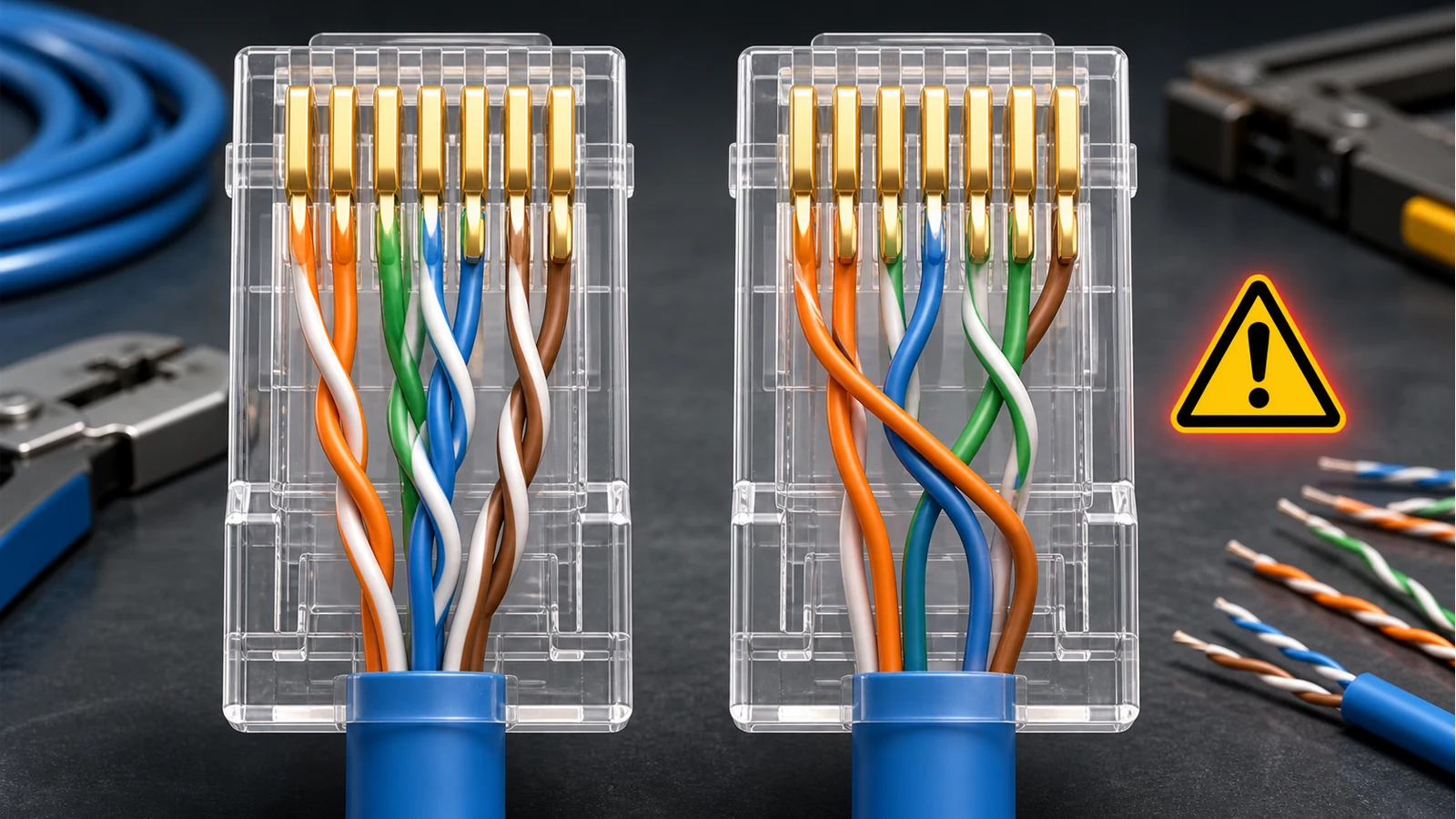 RJ45 pin diagram comparing correct twisted pairs with a split-pair miswire