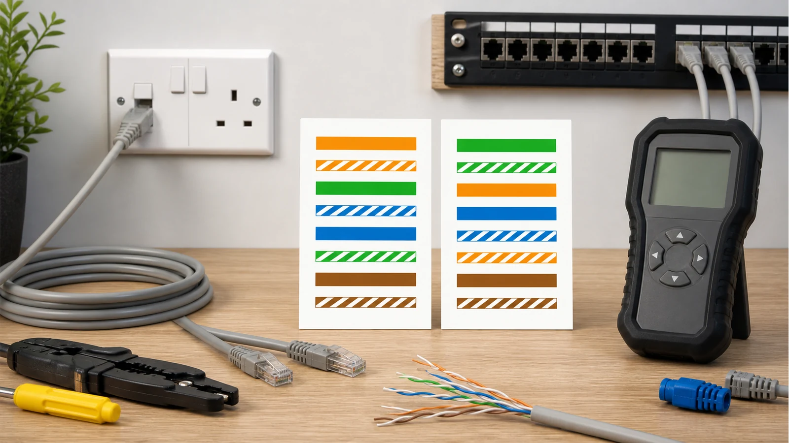 Side-by-side T568A and T568B colour order cards next to a network outlet and patch panel in a UK office